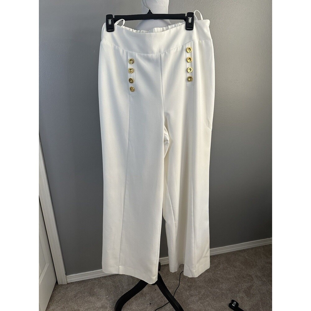 Midnight Velvet Womens M White Formal Dress Pants Pull On Slacks Gold Button EUC